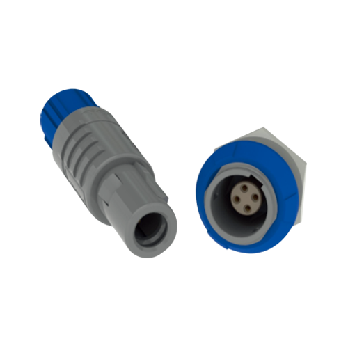 Push-Pull Circular Connectors 1P Plastic series – Fixed socket with two nuts with 90?contact, print contact, Grey PSU, Grey, 4 Pin